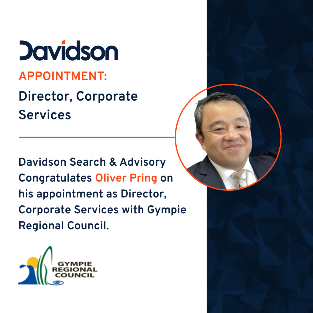 Announcement: Oliver Pring appointed Director, Corporate Services at Gympie Regional Council. Photo of Pring and Davidson logo.