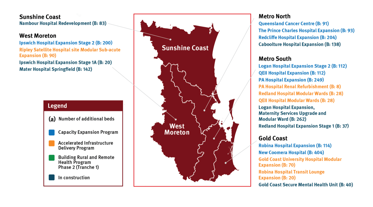 Map of Sunshine Coast, West Moreton, Metro North, Metro South, Gold Coast detailing Queensland Health and Hospitals Plan