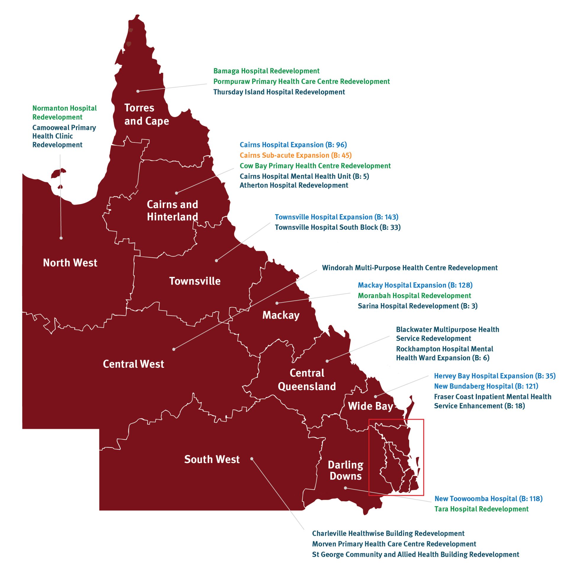 Queensland (QLD) map of Health Capital Division's Health and Hospitals Plan