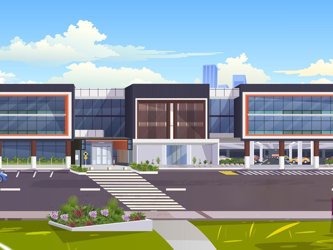 Stathprine office illustration showing a large building, road with c