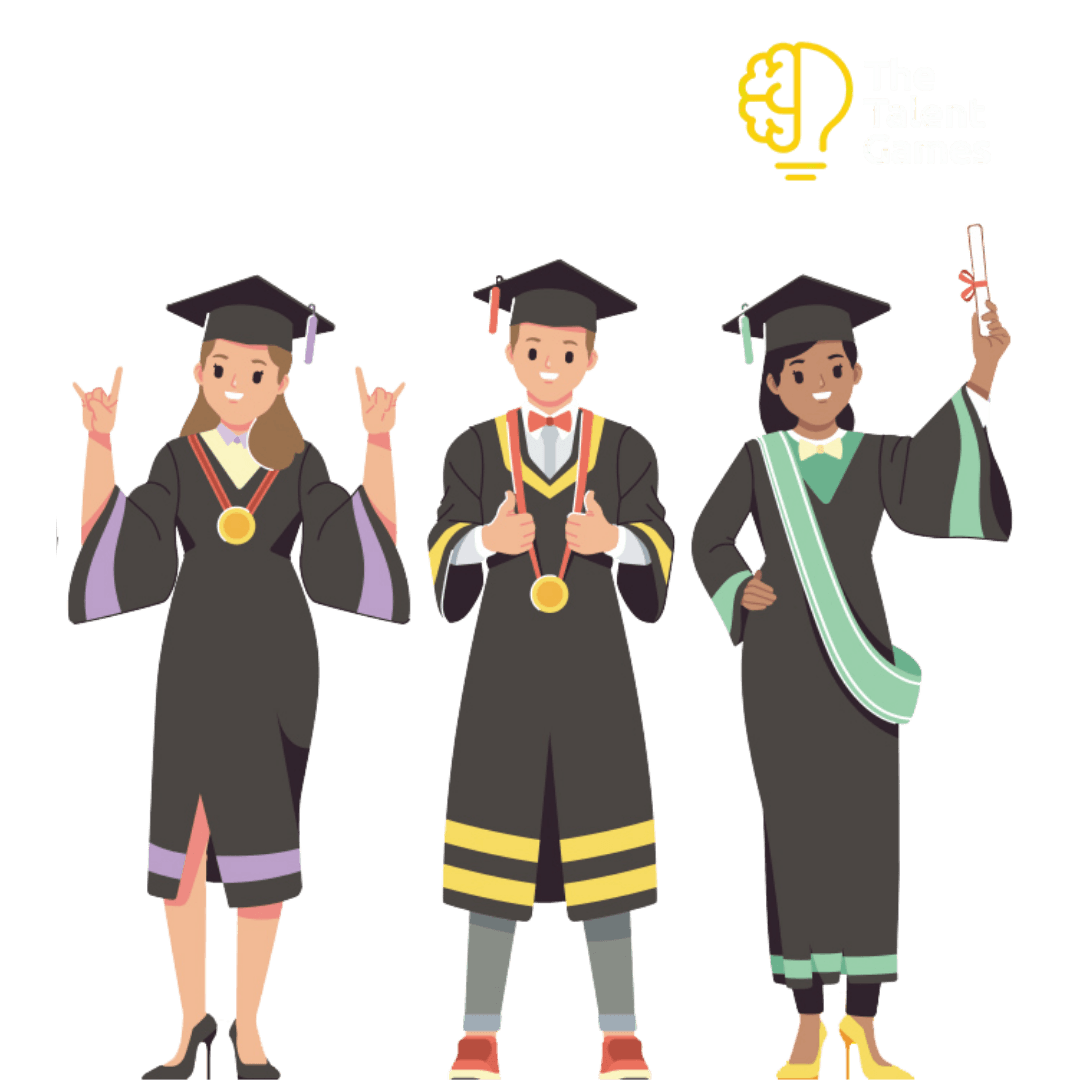 Cartoon style illustration of three students in graduation robes and hats to showcase Davidson's gamified assessment powered through The Talent Games