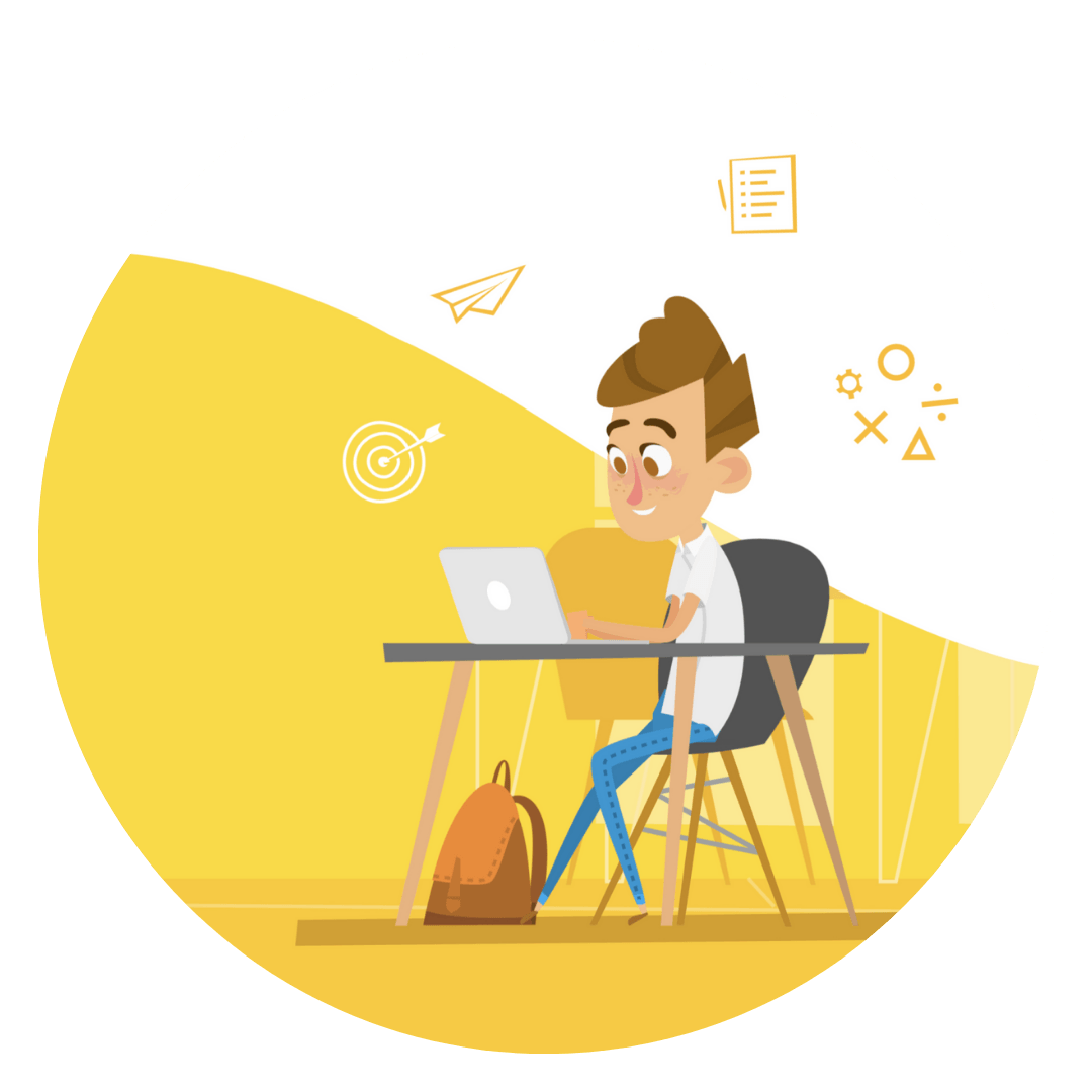 Cartoon illustration of a student sitting a desk with a laptop and backpack by his feet