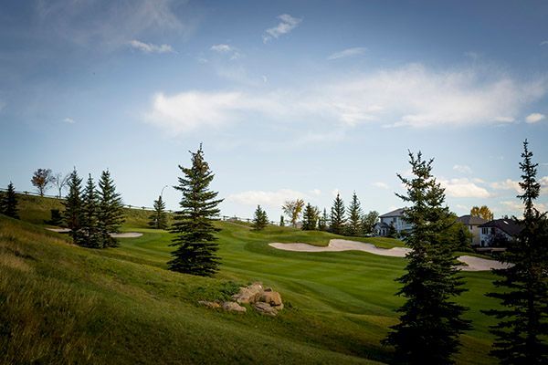 Green golf course with trees under blue sky with some clouds.