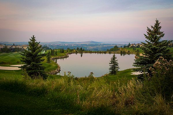 Lakeside golf course at dusk. Lush green grass surrounds a calm lake with fir trees and a hazy skyline.