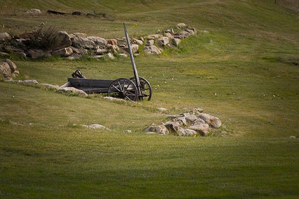 A cannon on a wooden carriage in a grassy field with rocks.