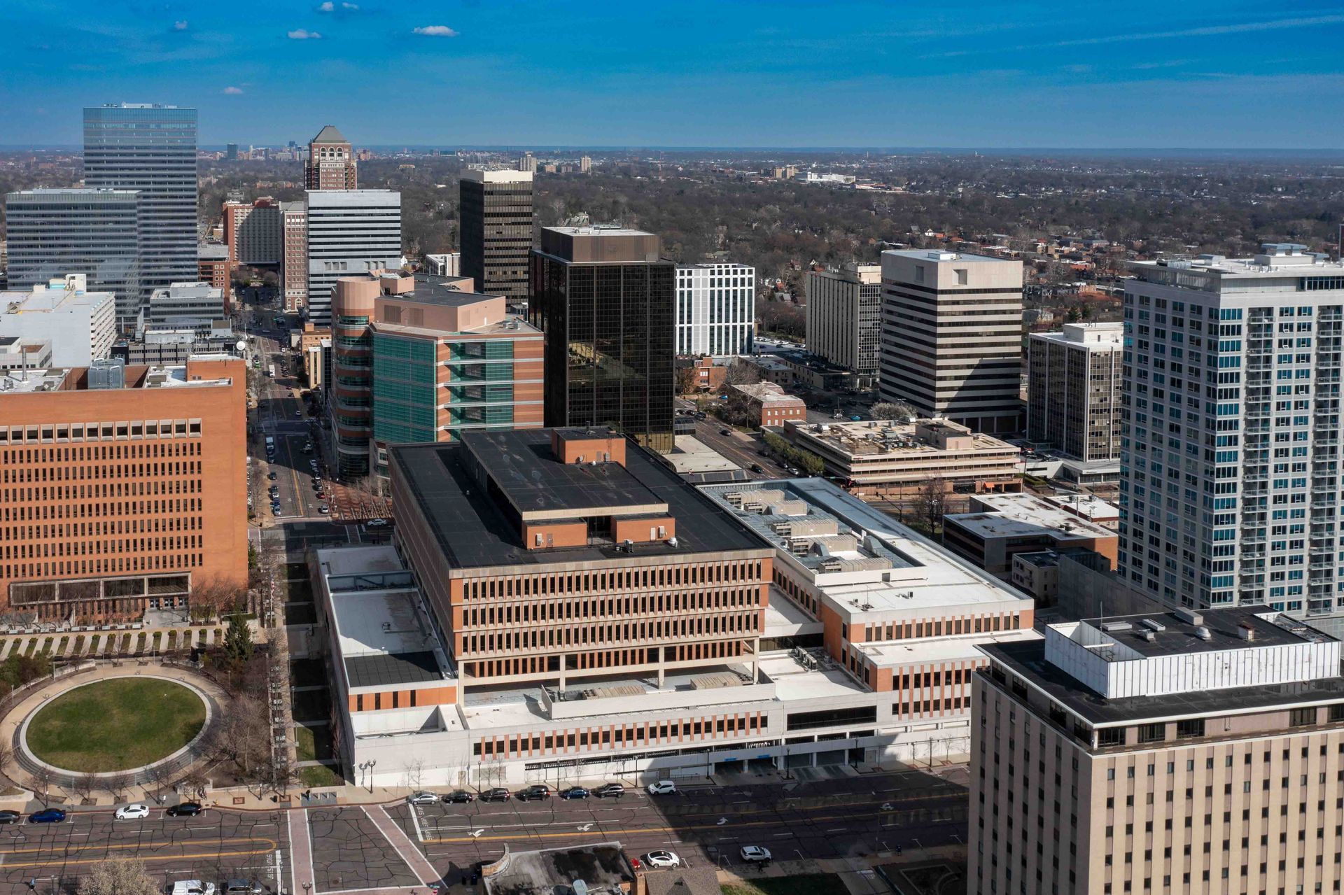 An aerial view of a city with lots of buildings