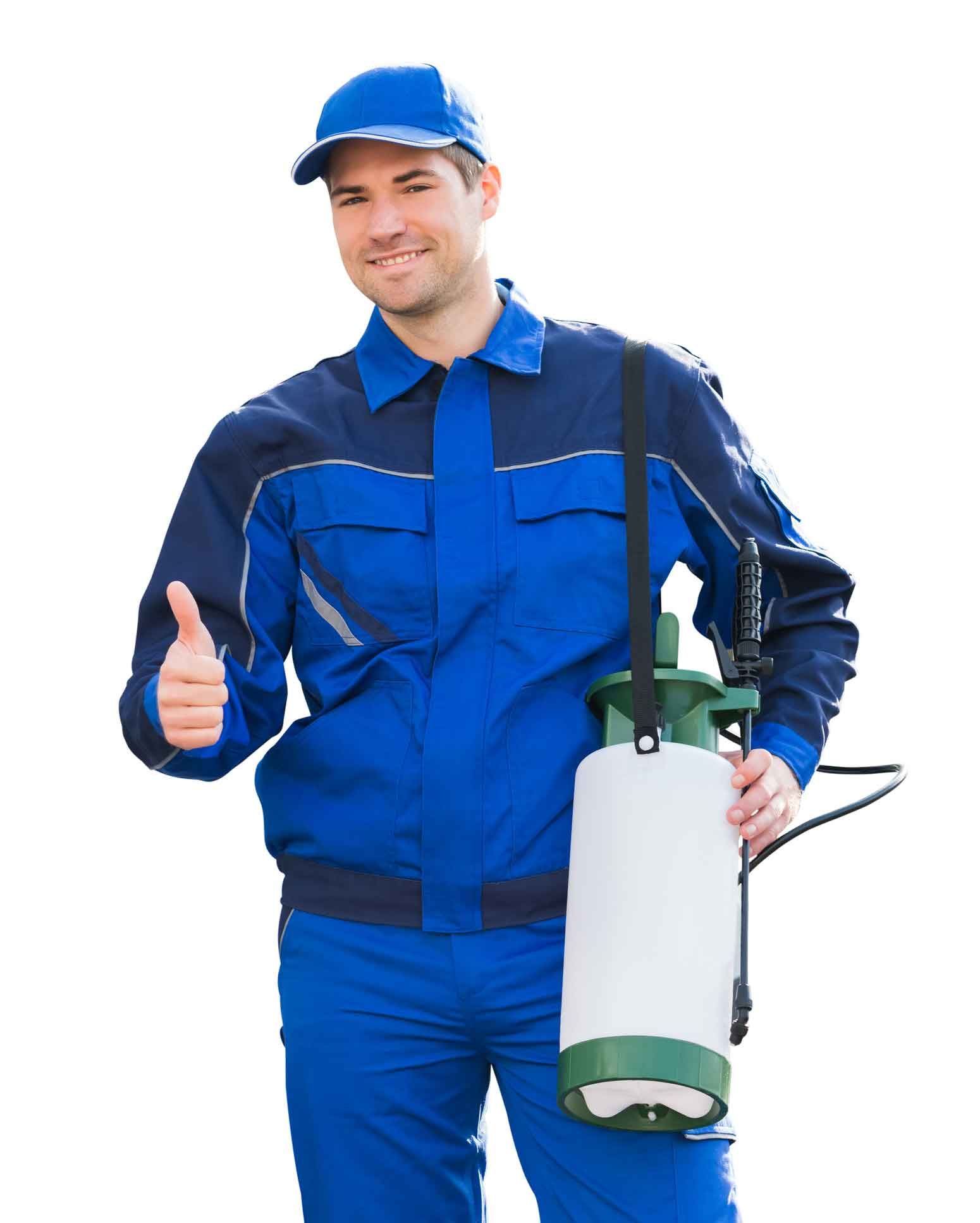 A Man In A Blue Uniform Is Holding A Sprayer – Newburgh, IN - T&G Pest Control