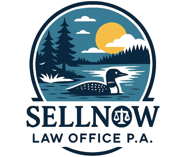Logo for Sellnow Law Office P.A. featuring a loon on a lake, pine trees, and a sun, with a balance scale icon in the text.