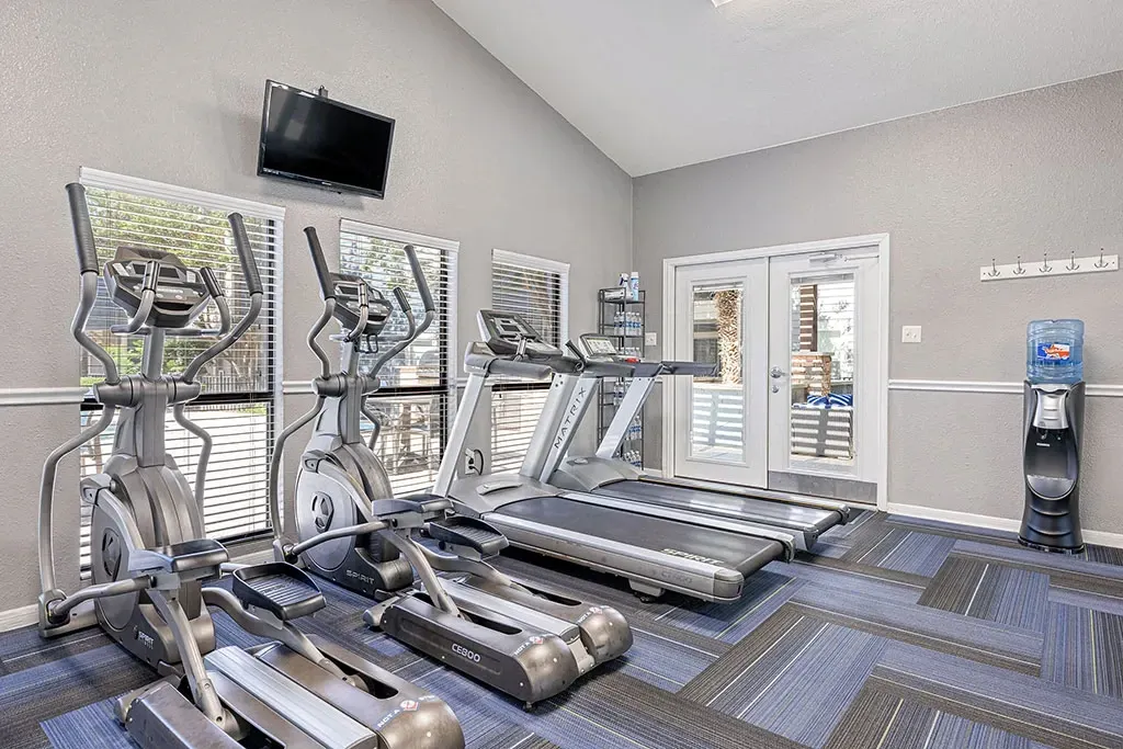 Treadmills and ellipticals in a well-lit apartment complex gym.