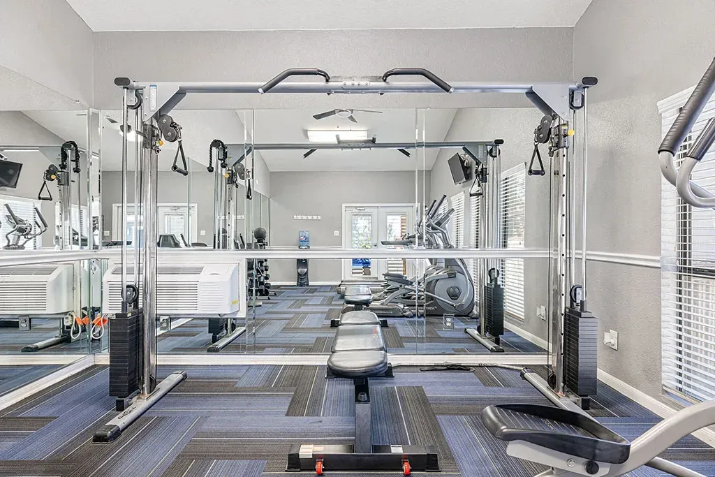 Gym with cable machine, bench, treadmill, and elliptical.