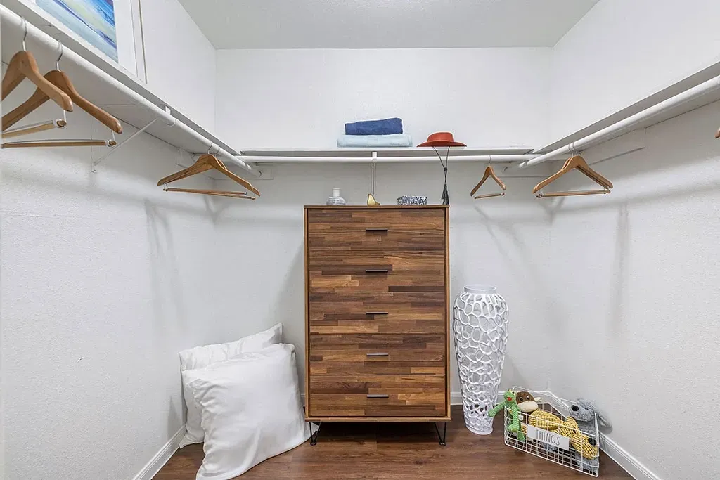 Walk-in closet with shelving, hanging rods, a dresser, and decorative items.