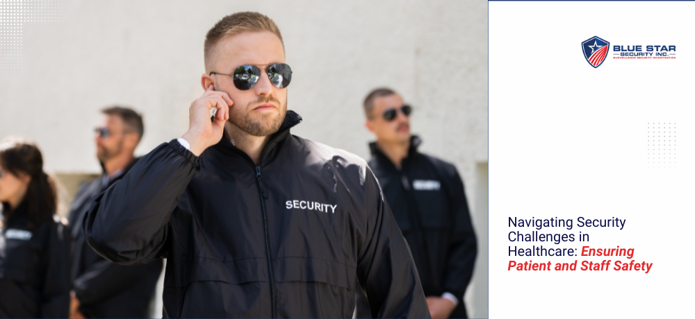 A man wearing sunglasses and a security jacket is talking on a cell phone.