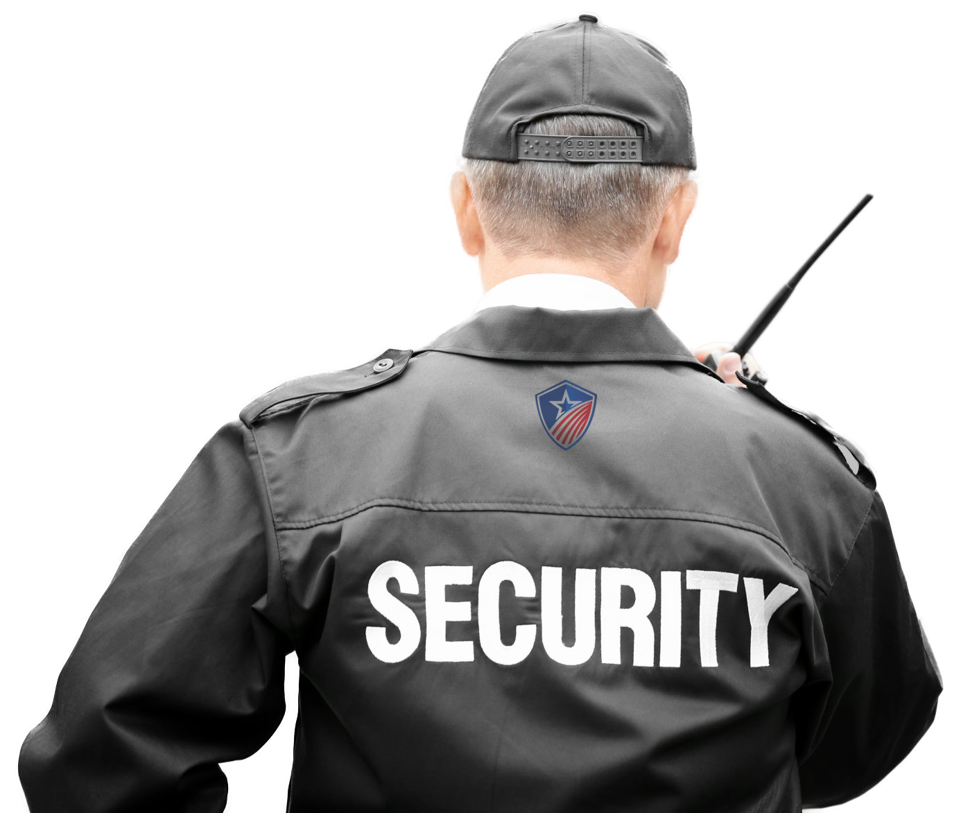 A security guard wearing a black jacket with the word security on the back