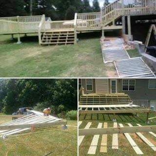 A collage of four pictures of a deck being built.