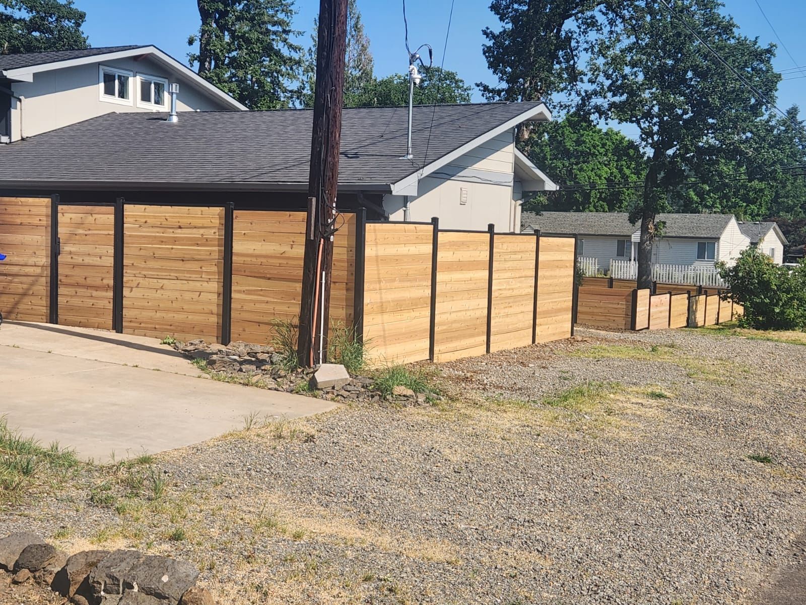 A house with a wooden fence in front of it.