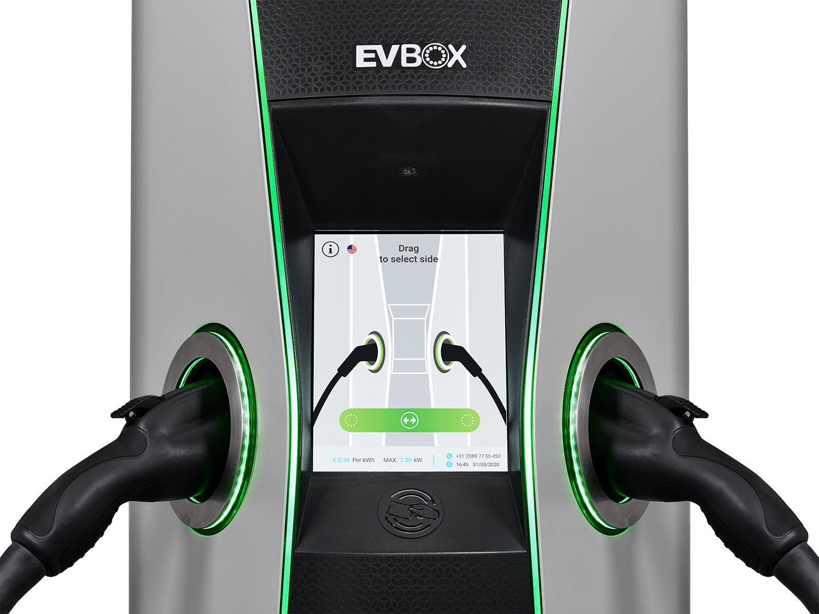 A evbox charging station with two chargers plugged into it.