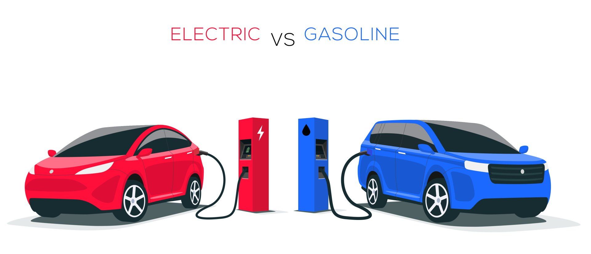 A red and a blue electric car are charging at a gas station.