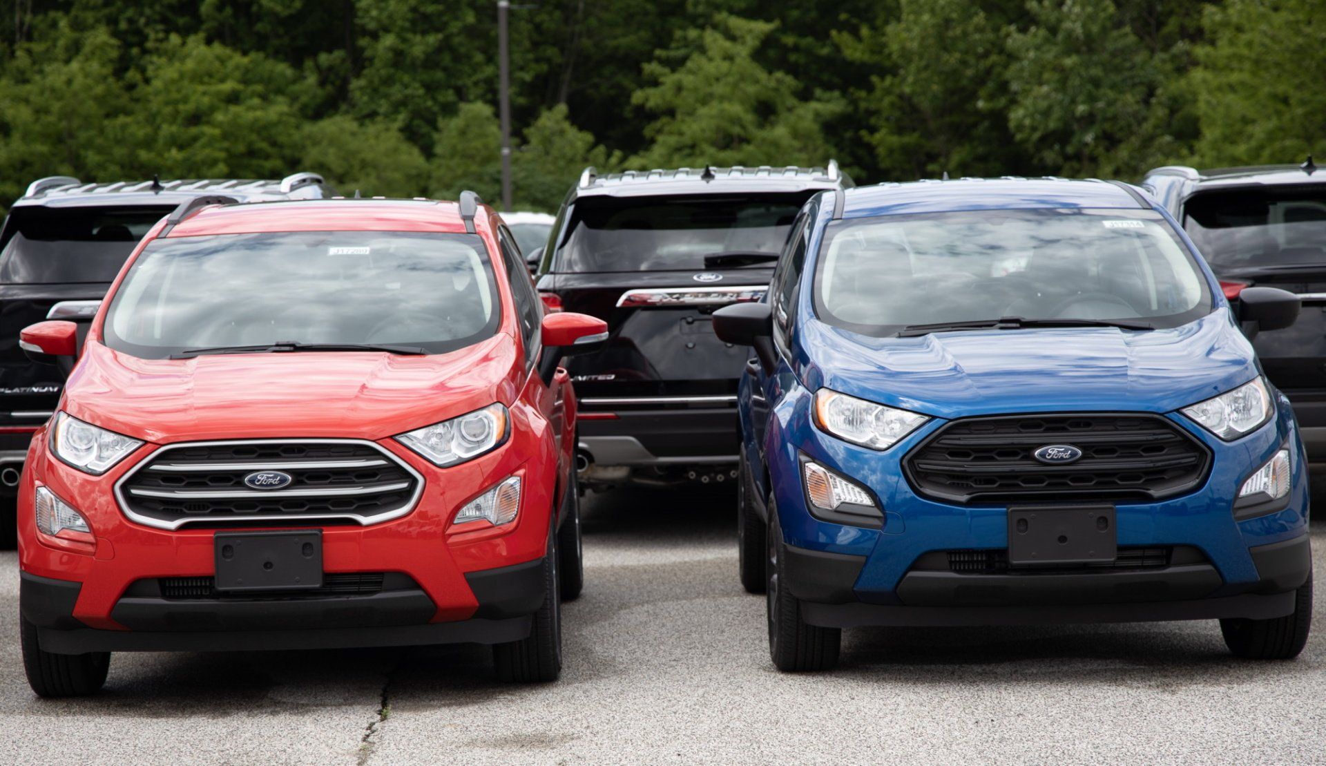 A red and a blue ford ecosport are parked next to each other in a parking lot.