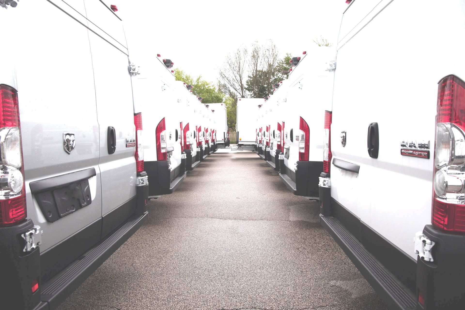 A row of white vans parked next to each other on the side of the road.