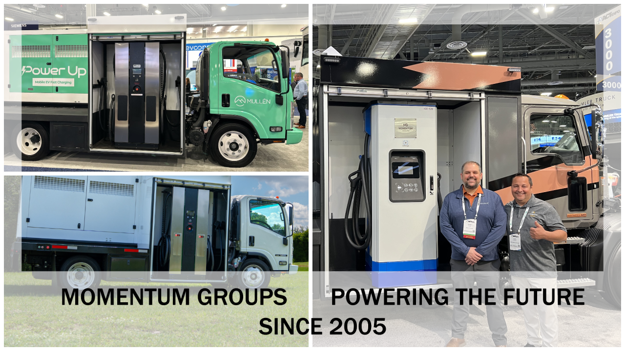 3 pictures - 1 of a green mullen mobile charging truck, one of an unbranded mobile charging truck, and one of the mack mobile charging truck at act with Ryan Saba of Mack and president of Momentum Groups, Jack Pyros