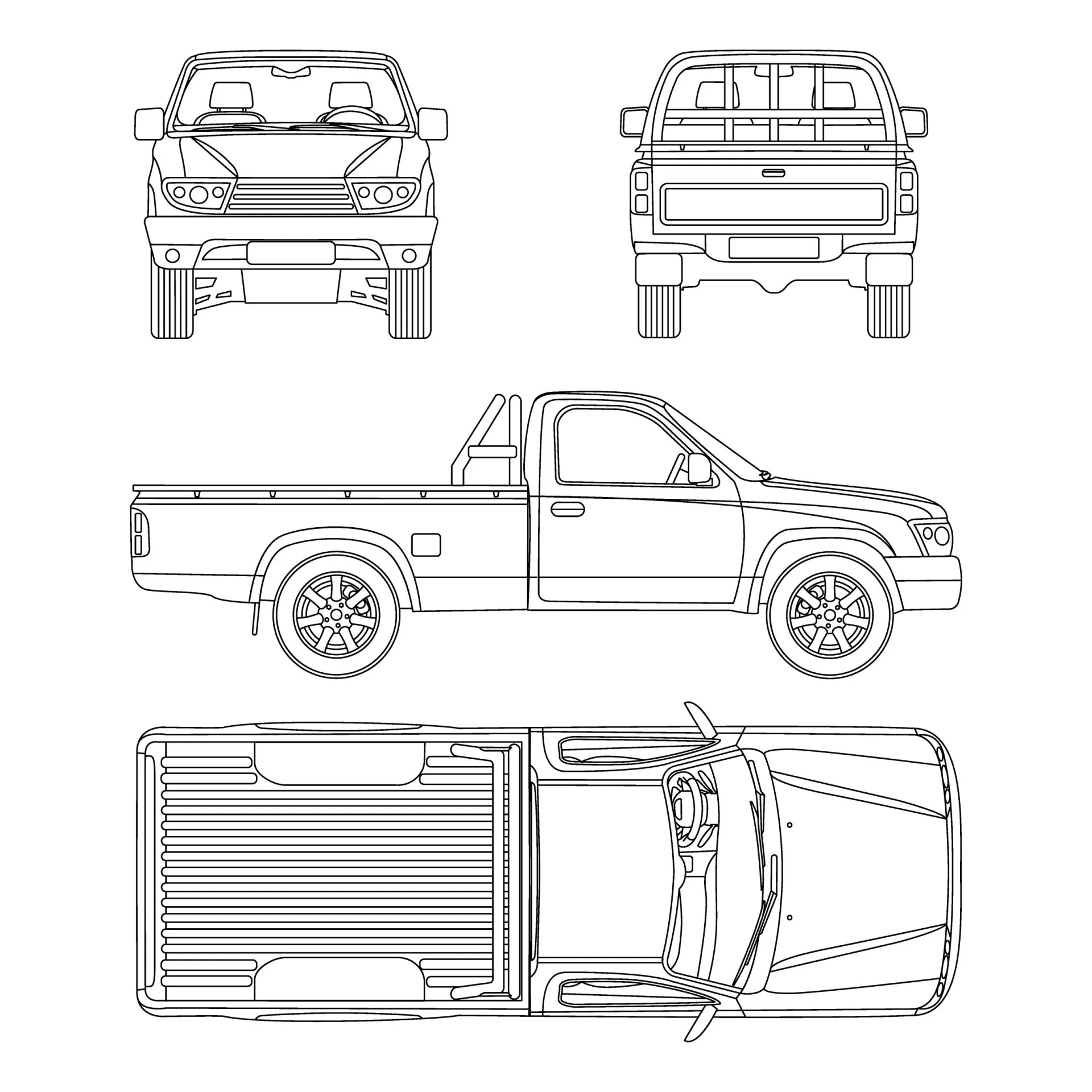 A black and white drawing of a pickup truck.