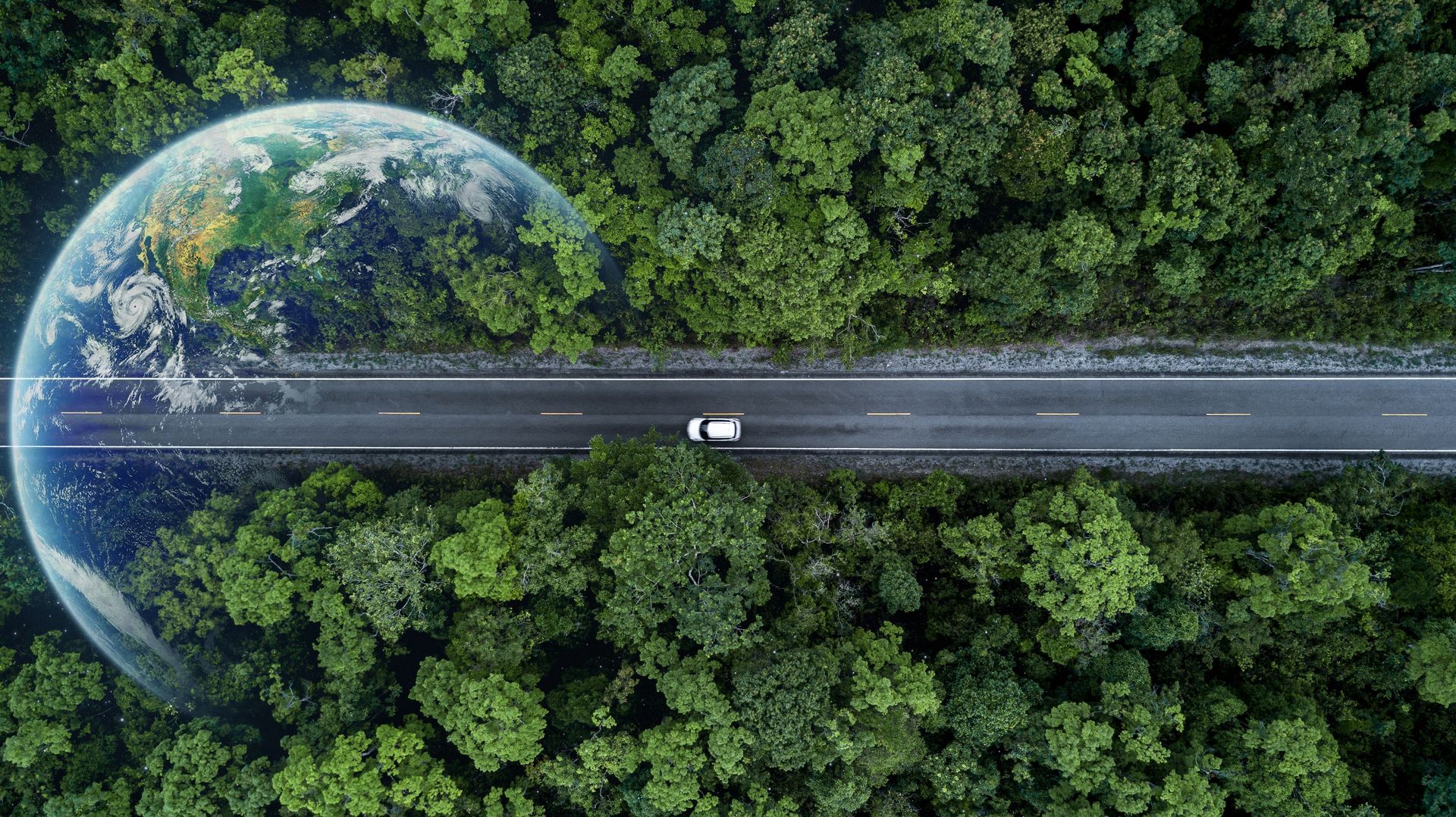 An aerial view of a road going through a forest with a globe in the middle.
