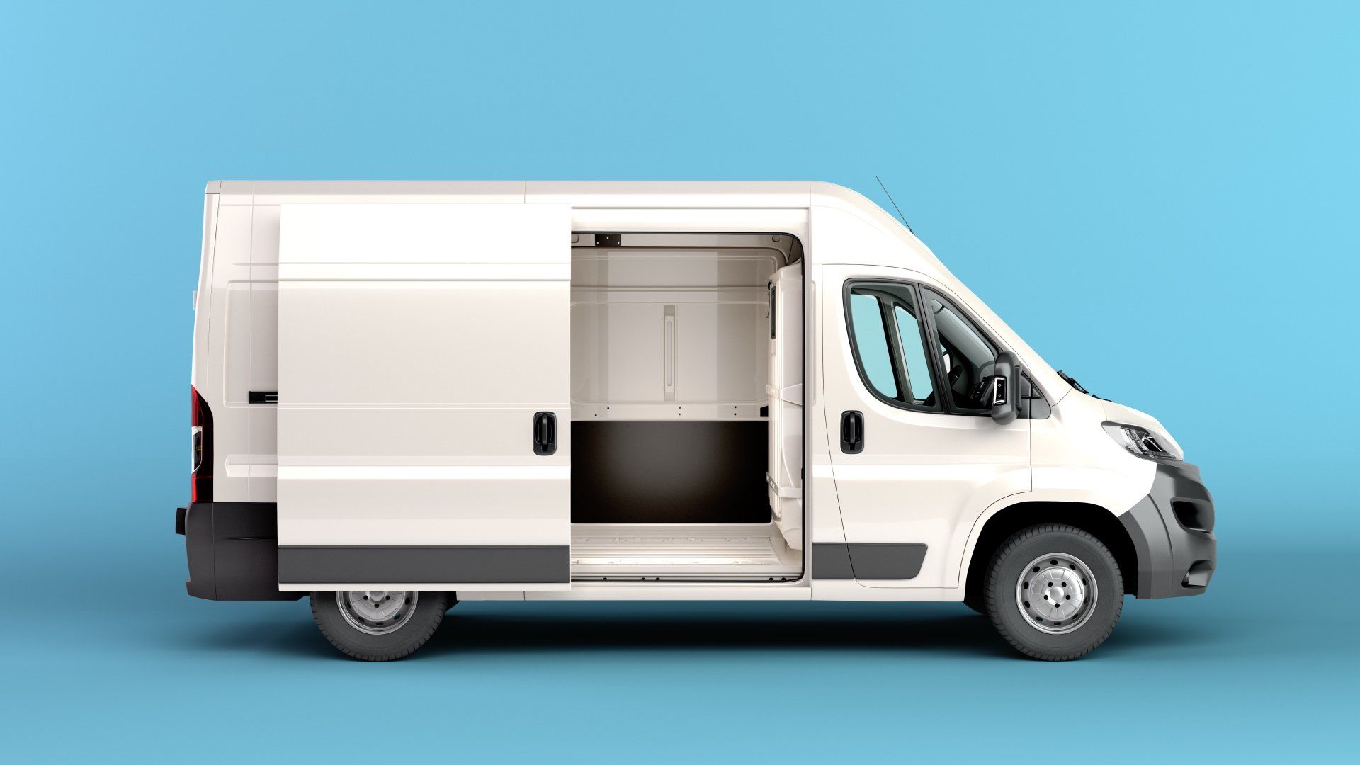 A white van with its doors open on a blue background.