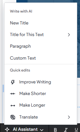 Dropdown menu with AI writing assistance options: Write, New Title, Improve Writing, etc.