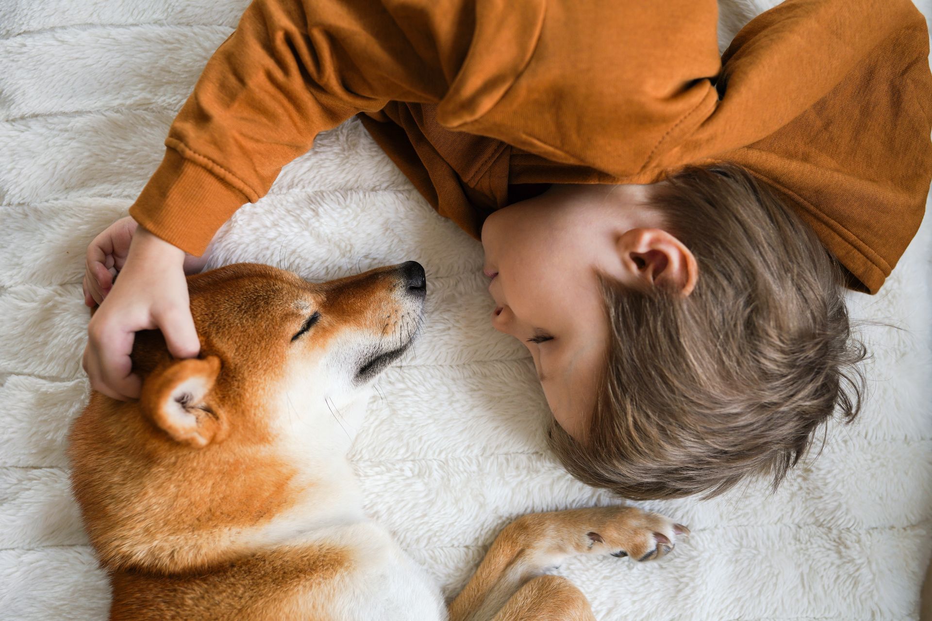 A girl sitting on the sofa playing with her dog.