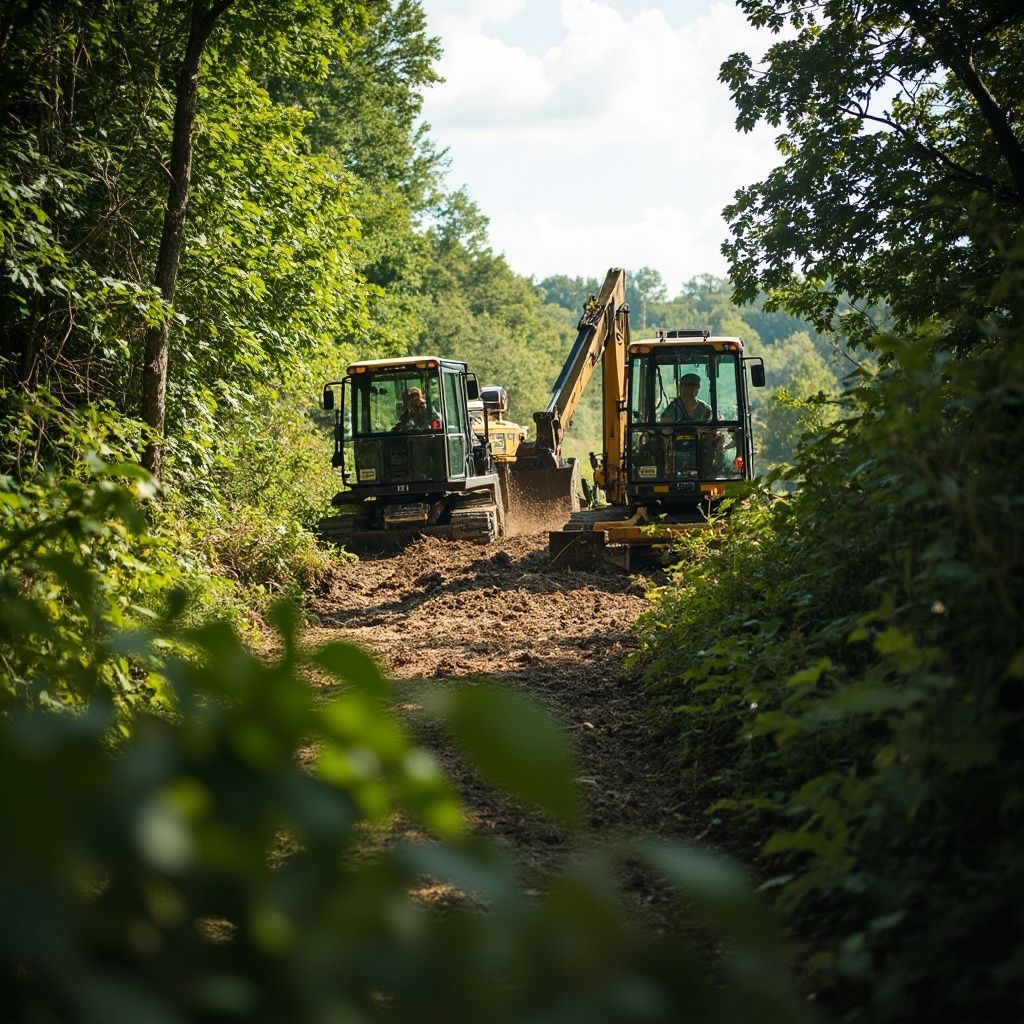 Two excavators clearing a muddy path through a forest.