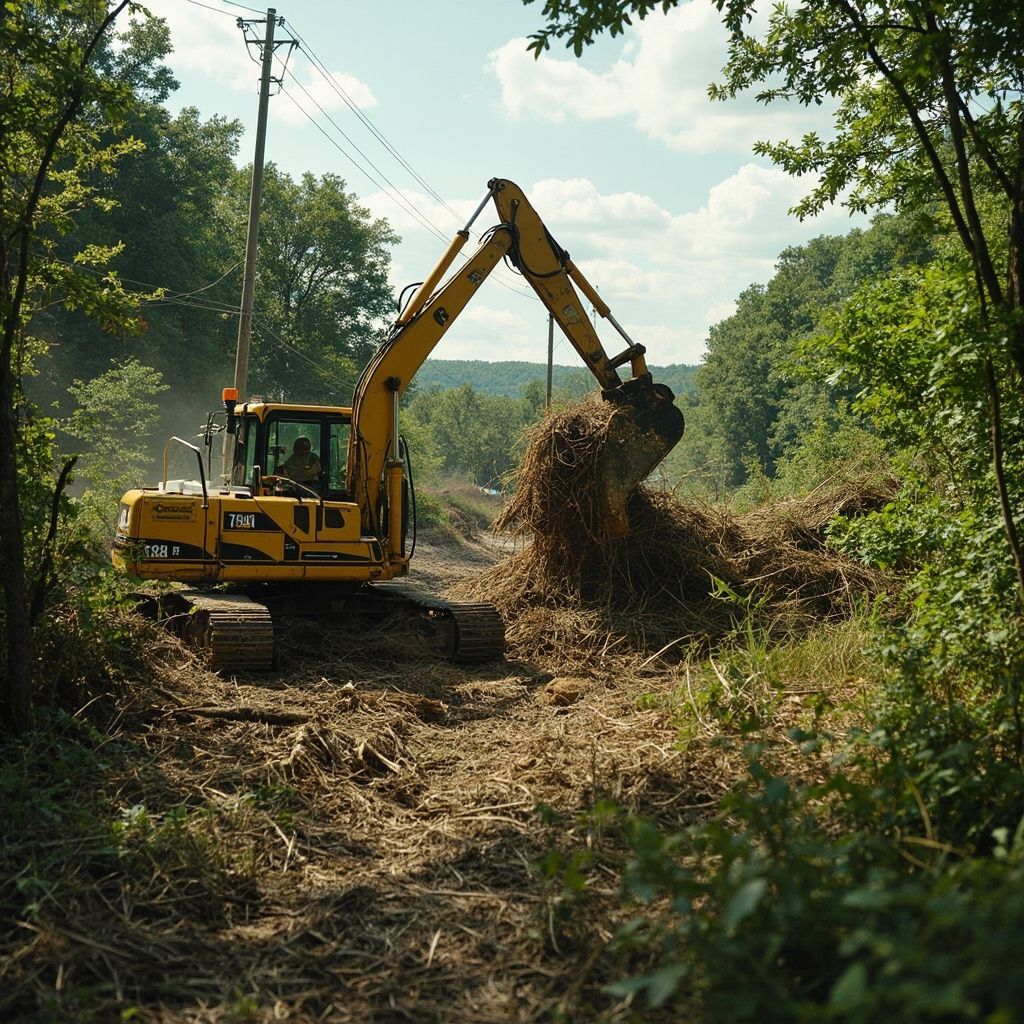 Yellow excavator clearing brush in a wooded area, under power lines, on a sunny day.