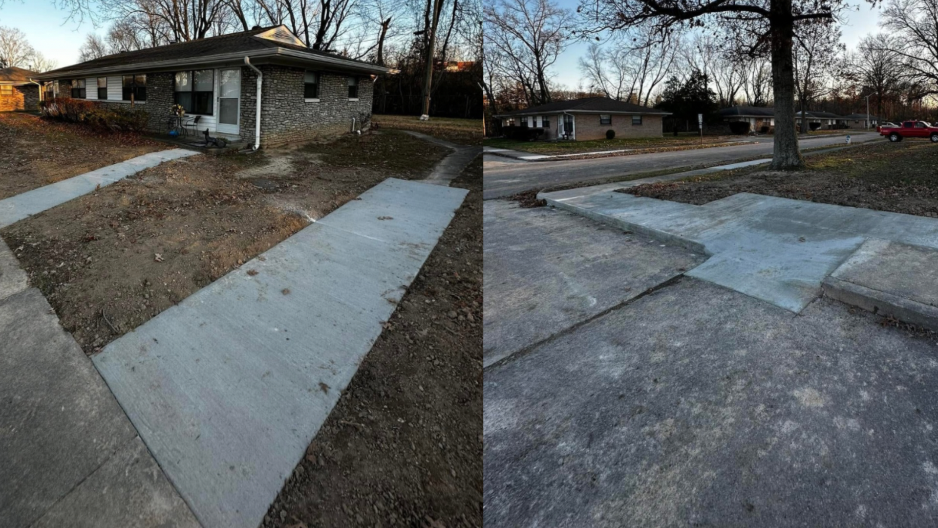 Concrete sidewalks leading to a house and a street intersection with a ramped curb cut.