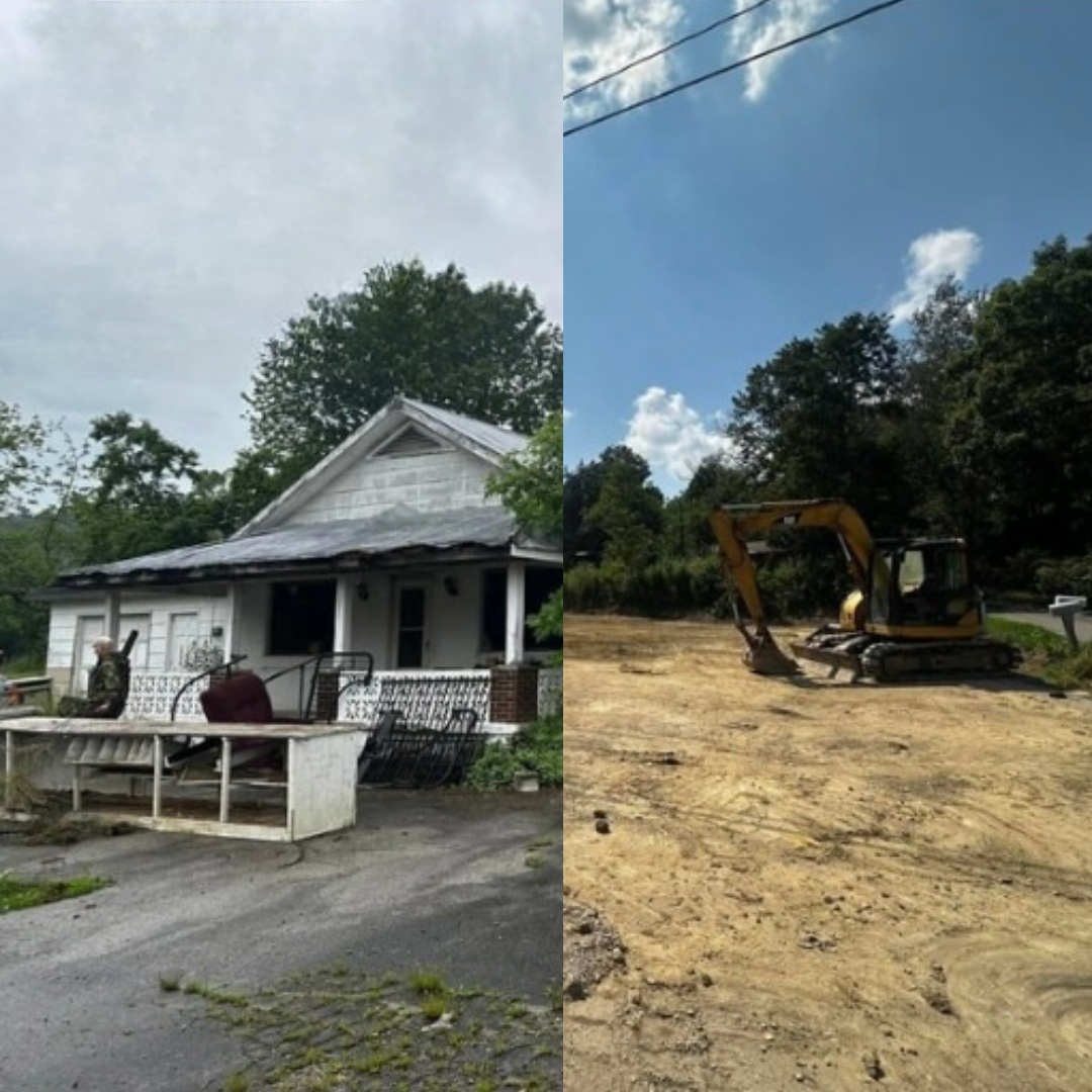 Before and after of a house: dilapidated house on the left, cleared lot with excavator on the right.