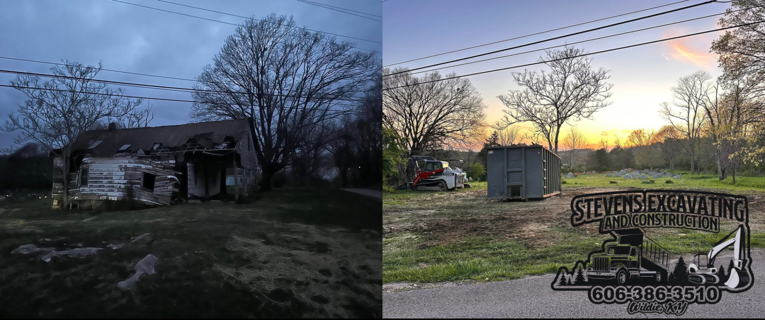 Two side-by-side photos: left, a dilapidated building; right, open land, a shed, and a sunset.