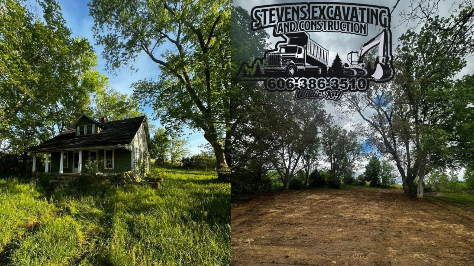Before and after of a dilapidated house on a grassy lot, then a cleared lot; company logo in the middle.