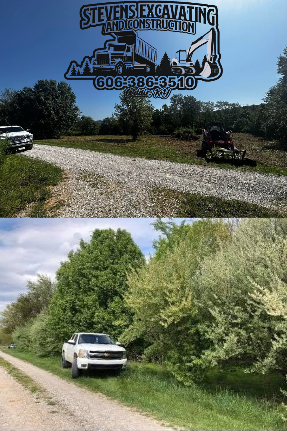 Top: Excavation work in progress. Bottom: Truck parked by a treeline.