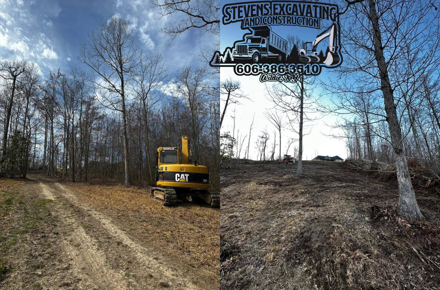 Excavation work clearing trees. A yellow Caterpillar excavator on a dirt road in a wooded area.