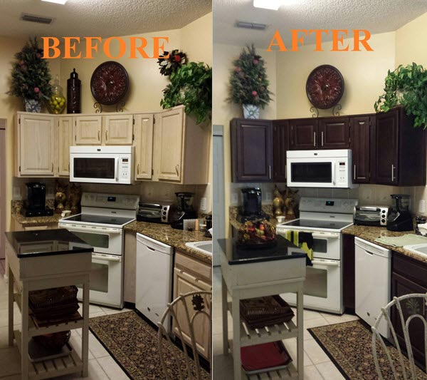 A before and after image of cabinet refinishing in Jacksonville, FL