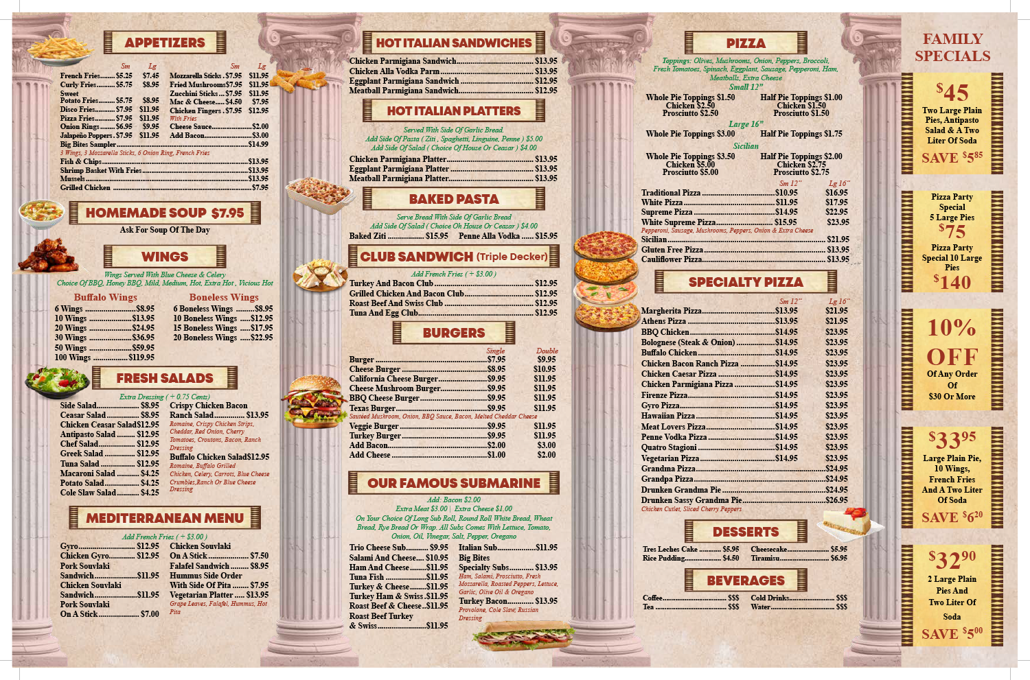 Restaurant menu with various food items listed, columns separate sections.