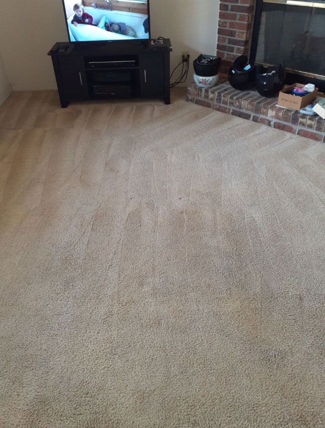 Beige carpeted living room with TV stand, fireplace, and a TV playing a scene.