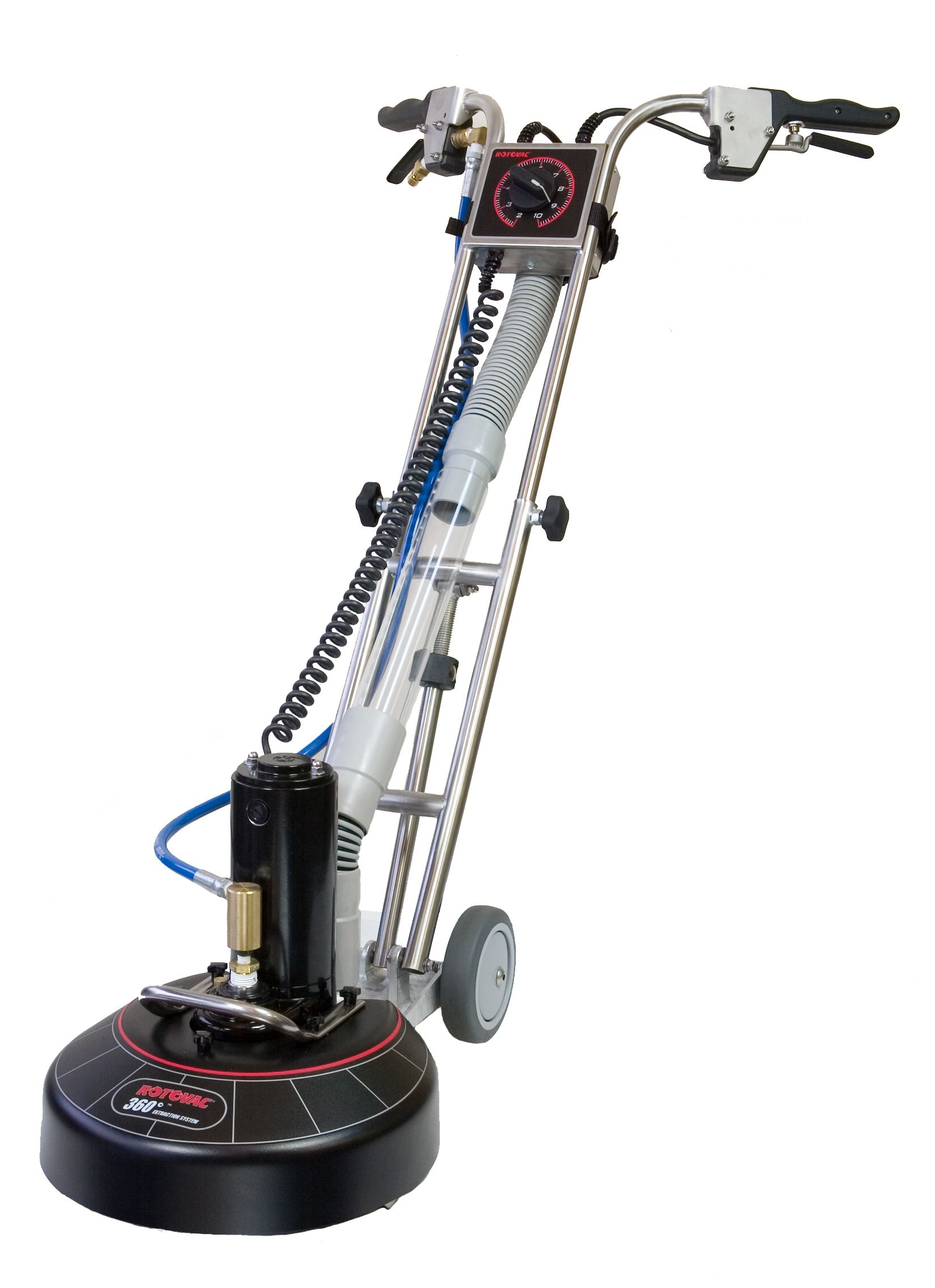 White vacuum cleaner head on a gray, textured carpet, angled down, ready to clean.