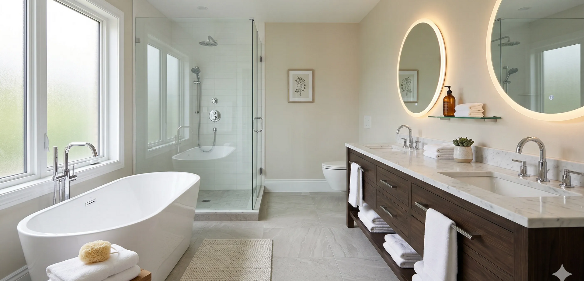 Modern bathroom with a freestanding tub, glass-enclosed shower, dual-sink vanity, and illuminated circular mirrors.