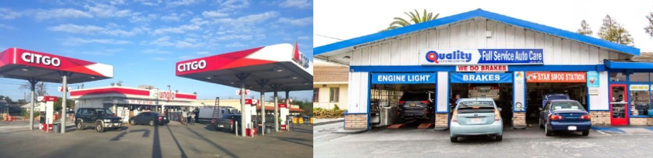 a picture of a gas station and a picture of a car wash
