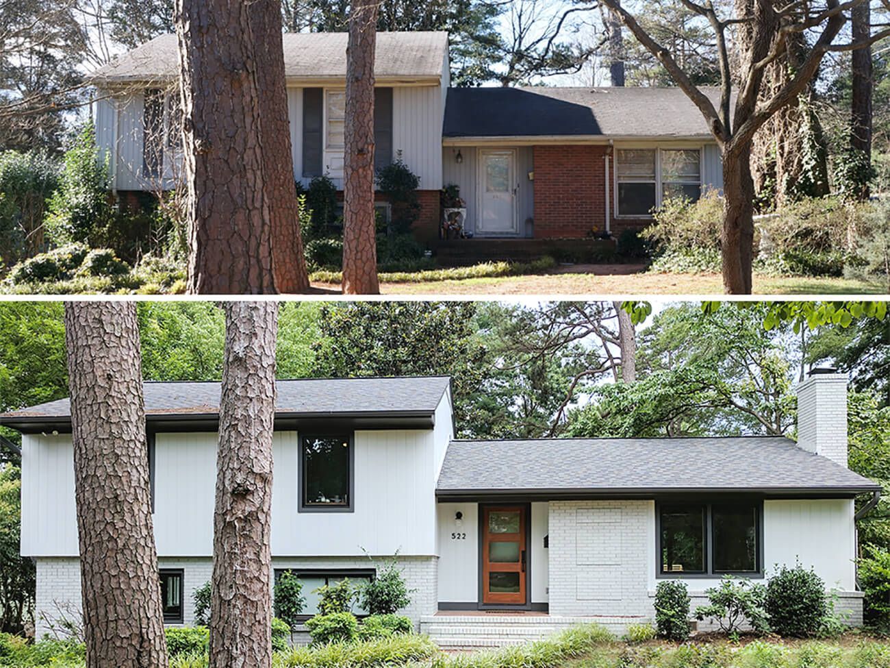 a before and after picture of a house surrounded by trees