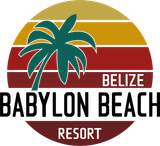 Babylon Beach Resort logo: palm tree silhouette over sunset, Belize text, circular emblem.