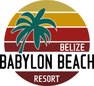 Babylon Beach Resort logo: palm tree silhouette over sunset, Belize text, circular emblem.
