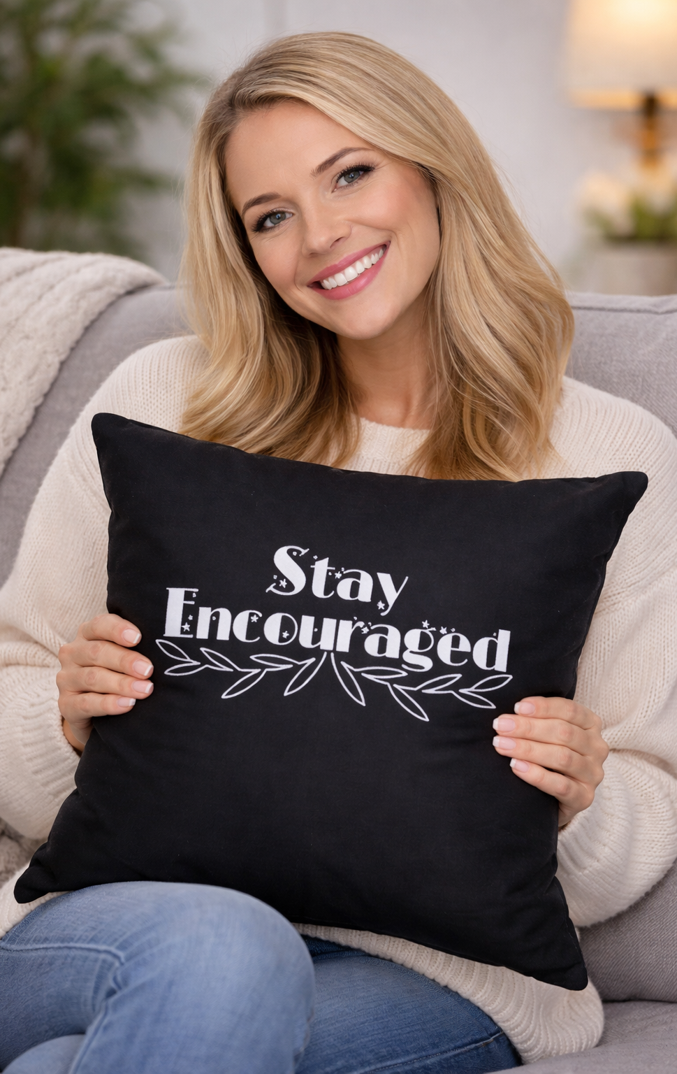 Woman smiling, holding a black pillow with 