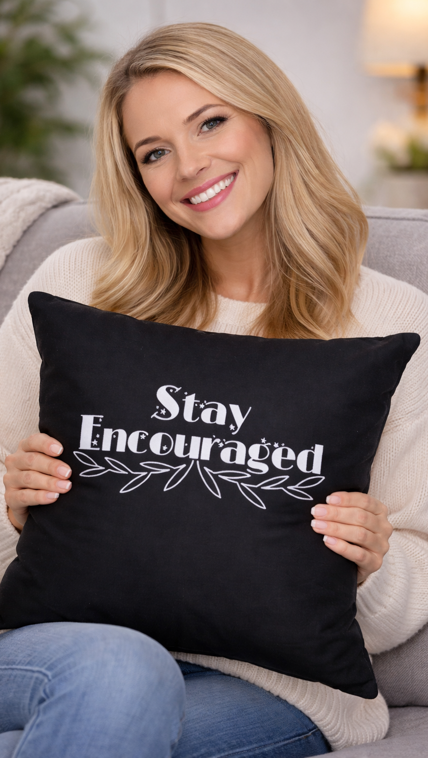 Woman smiling, holding a black pillow with 