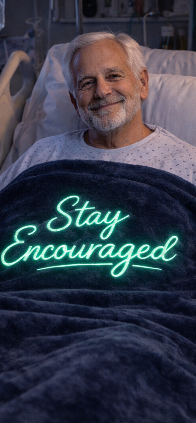 Smiling man in hospital bed, with text 