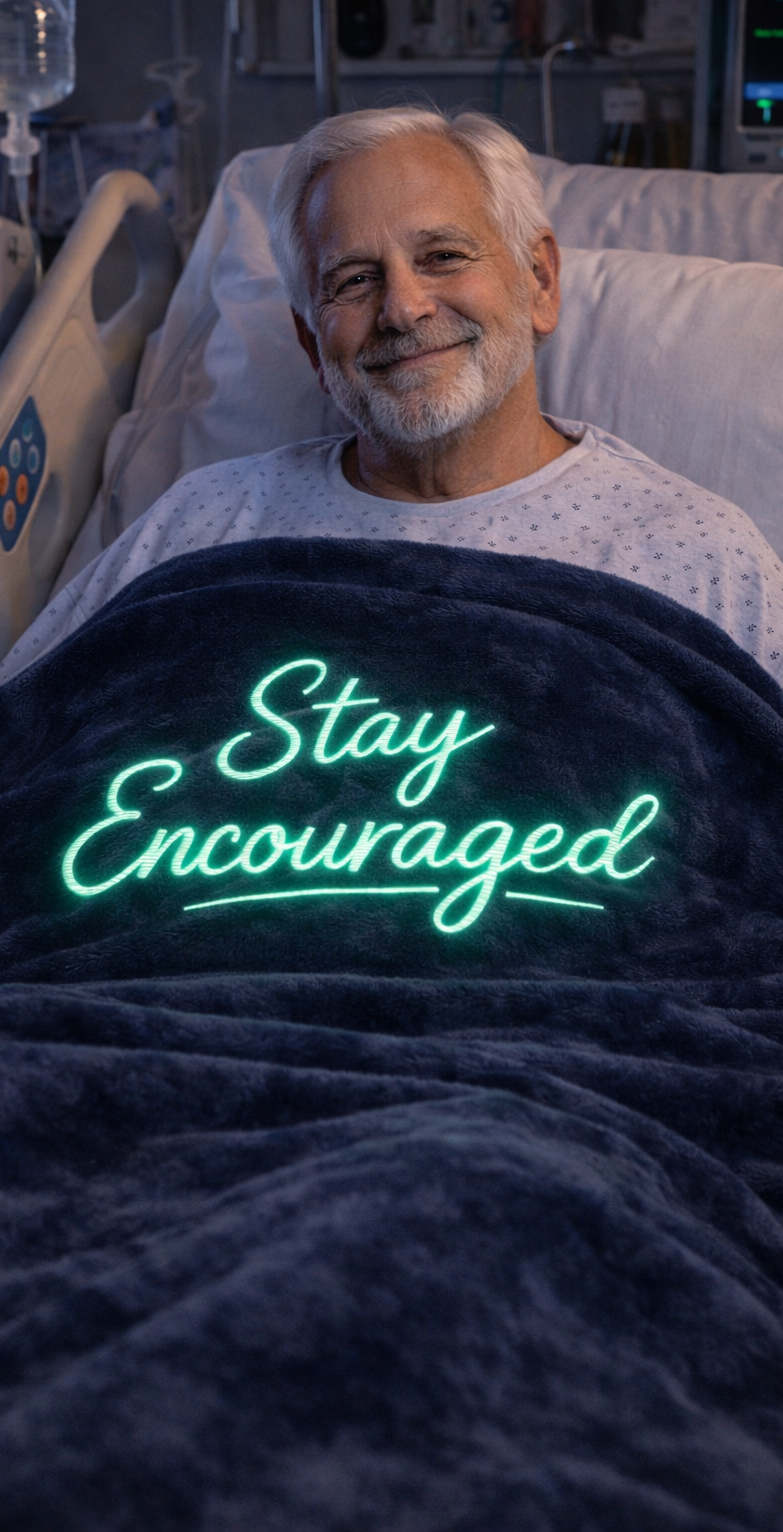 Man in hospital bed, smiling, under a blanket with glowing 